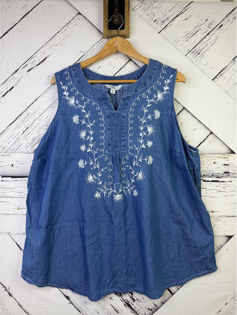 Croft & Barrow Boho Cottagecore Embroidered Denim Chambray Tank Top Women 2X
